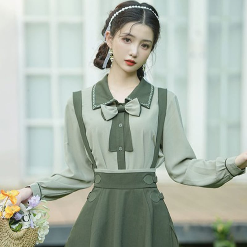 [Jonan Series]★Setup Single item order★ Shirt or hanging skirt Green Green Retro Cute Improves temperament