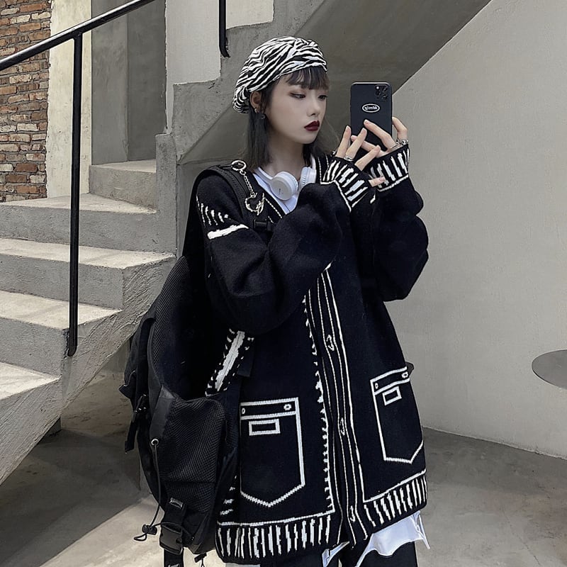 [Modern People Series]★Cardigan★ 2color Tops Sweater Outerwear Unique Black Black Harajuku Style