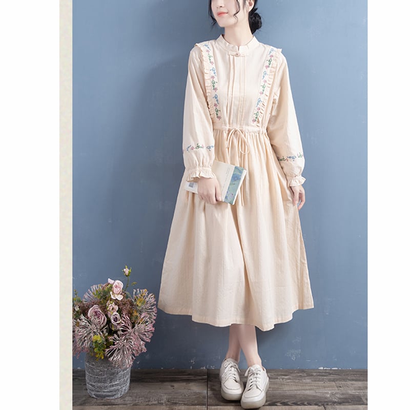 [Qing Series]★Chinese style dress★ 5color embroidery Improves temperament White Apricot Green Purple Orange