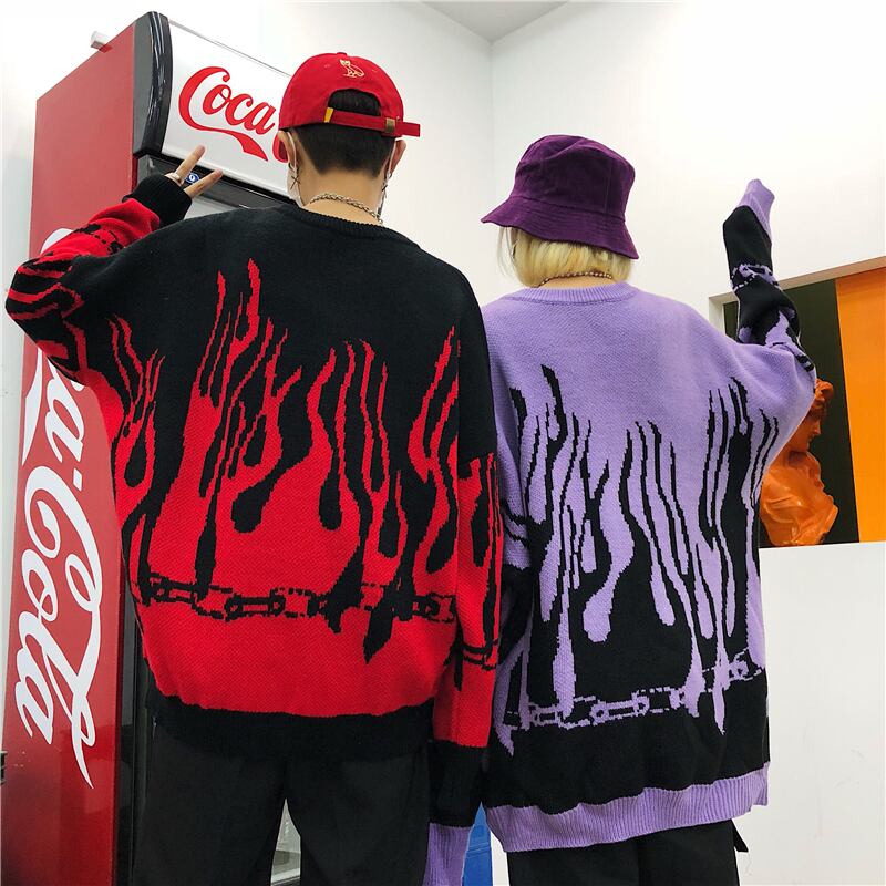 [OOTDstudio Series]★Sweater★ 2color Tops Flame Flame Pattern Knit Tops Unisex Men's Red Purple