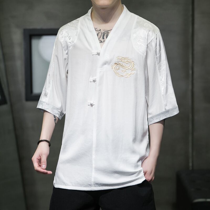 [JUNYI Series]★China style T-shirt★ Tops 2color Unisex Men's Large Size Embroidery Thin Dragon