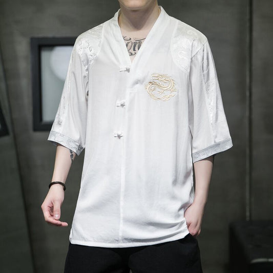 [JUNYI Series]★China style T-shirt★ Tops 2color Unisex Men's Large Size Embroidery Thin Dragon