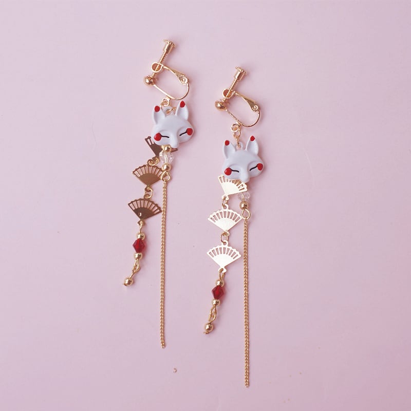 [Dashiro Series] ★Earrings★ Pair Accessories 4 Types Fox Fan Red Gold Cute Long Length 9cm