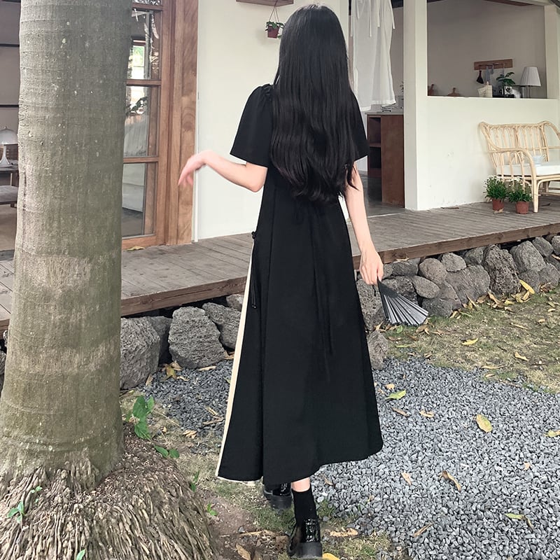 【DONGXIAOJIEシリーズ】★チャイナ風ワンピース★ 夏服 フェイクレイヤード 大きいサイズ 着痩せ 無地 通勤