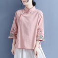 Load image into Gallery viewer, [Qing Series]★Chinese style tops★ 4 colors, floral pattern, 3/4 sleeves, cotton linen, white, blue-green, pink, yellow, Chinese clothing, improved Tang clothing
