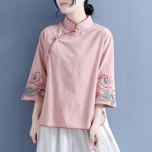 [Qing Series]★Chinese style tops★ 4 colors, floral pattern, 3/4 sleeves, cotton linen, white, blue-green, pink, yellow, Chinese clothing, improved Tang clothing