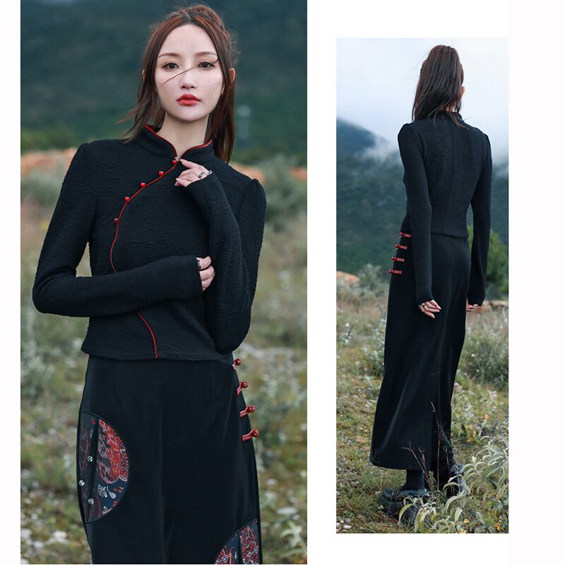 [Da Qinglong Shu Series] ★Chinese style tops★ Color scheme: Slim, slimming, Chinese clothes, original, easy to match, black, black