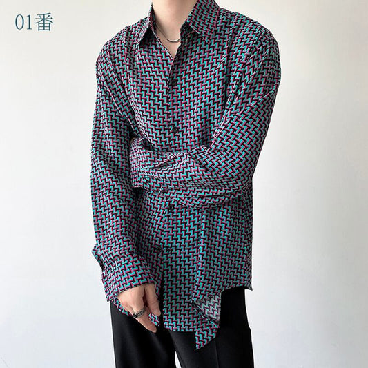 [Illustrated Series]★Shirt★ Tops 2color Unisex Men's Geometric Pattern Unique Spring Clothes ML XL Print Loose