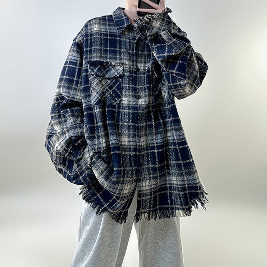 [V37 Series]★Outer★ Shirt outerwear jacket fringe unisex men's plaid fashion