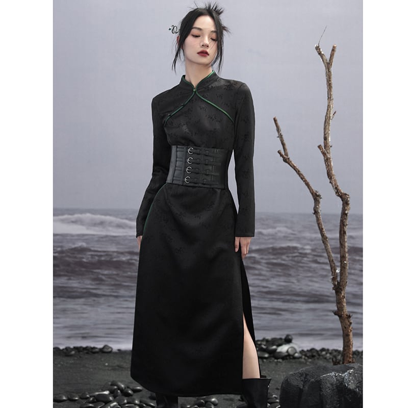 [Da Qinglong Shu Series]★Chinese style dress★ Improved Chinese dress, long sleeves, switching, long length, original, improves temperament, Chinese clothes, black