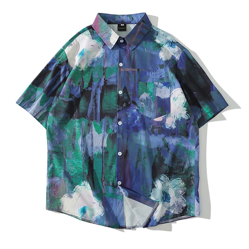 [TRAVEL ISSUANCE series]★Oil painting style shirt★ Tops Short sleeve shirt Spring/summer ML XL 2XL Unisex Men's V-neck Blue Green