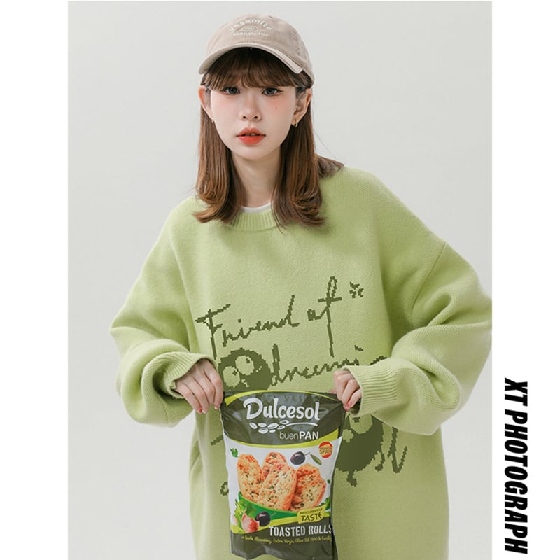 [Fujiiman Series]★Sweater★ 4color Knit Tops Cartoon Unisex Men's Black Red Green White