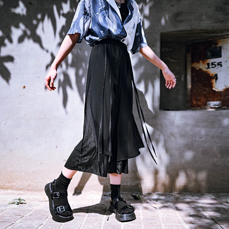 [Kokaisha Series] ★China style pants★ Chiffon gaucho pants Spring/Summer Loose Black Black SML XL