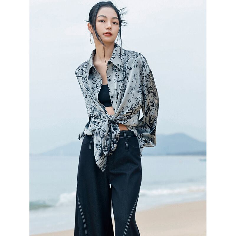 [Big Blue Dragon Series] ★China style shirt★ Tops Satin original letter pattern Easy to match long sleeve shirt