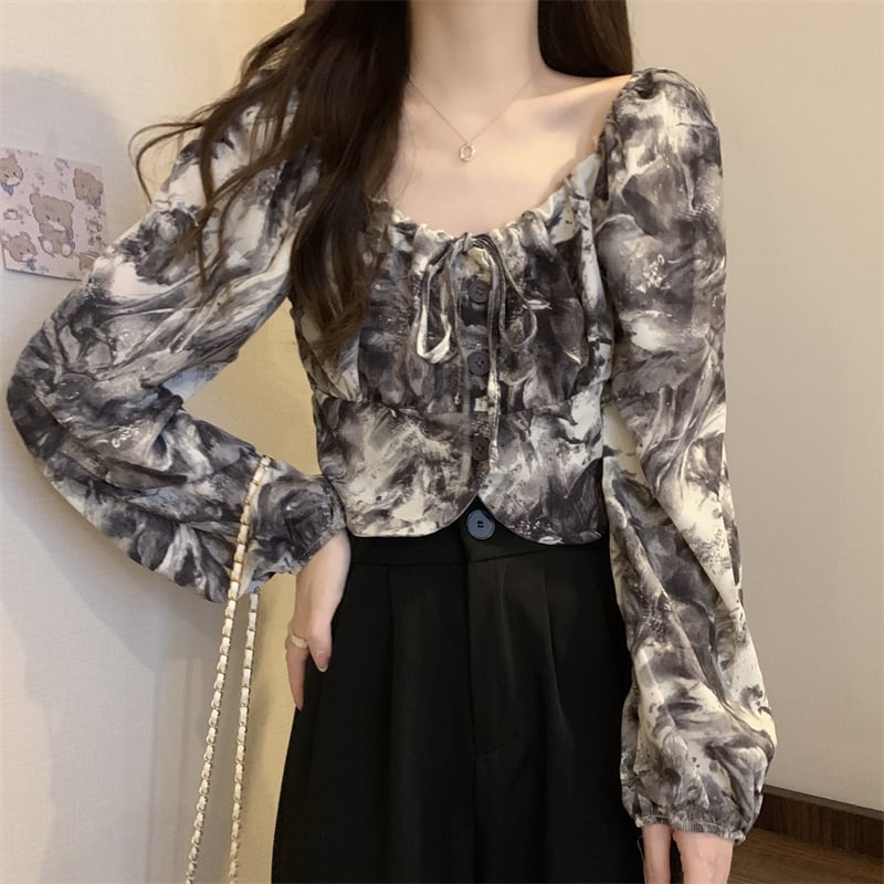 [SANMUZI Series] ★Tops★ 3 Colors Floral Tops Blouse Mini Length Cute Spring Clothes Unique Black Gray Blue