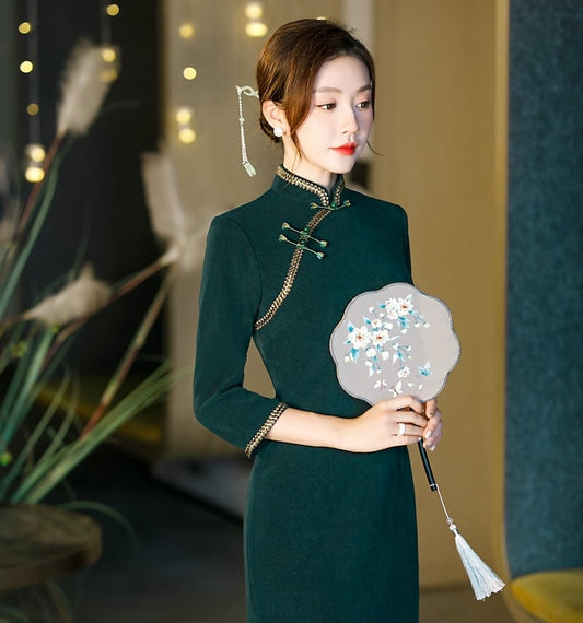 [Embroidery Series]★Cheongsam dress★ Dress, large size, long length, green, slimming, improving temperament