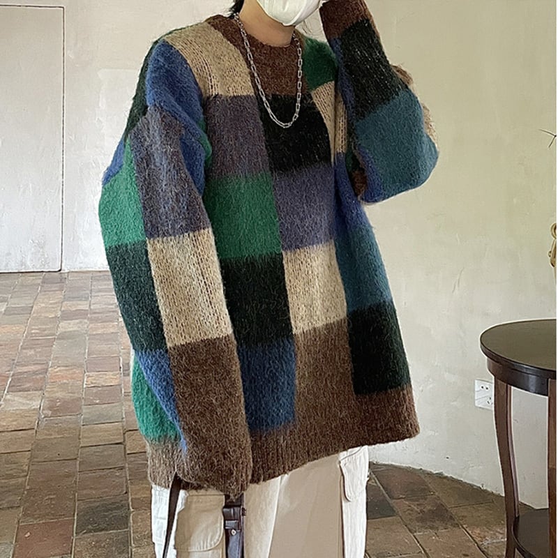 [Tetsusho Series]★Sweater★ 2color Knit Tops Unisex Men's Plaid Pattern Retro ML XL 2XL