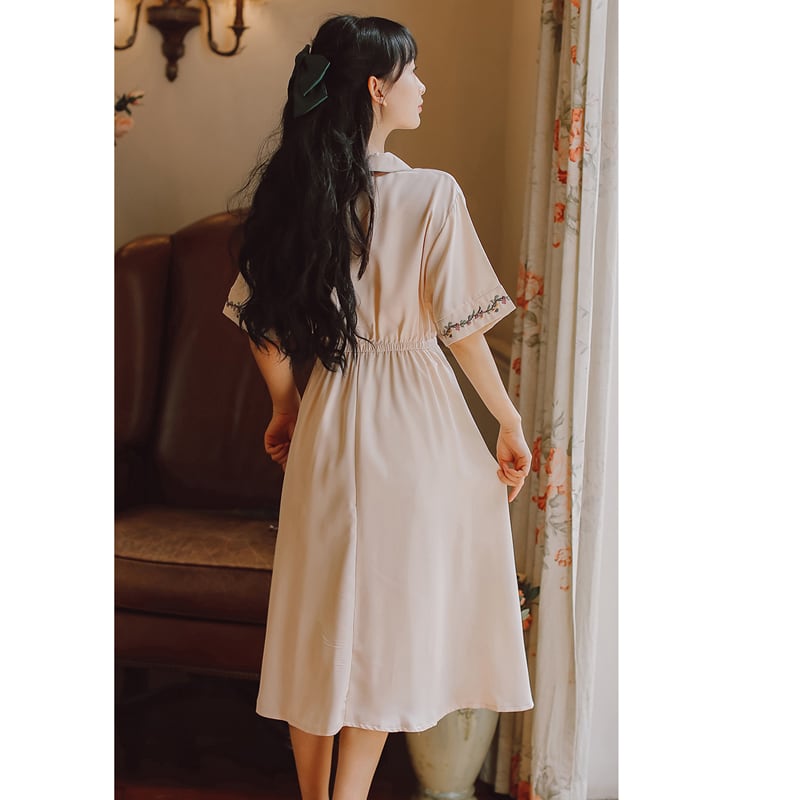 [Shukunsho series]★China style dress★2color embroidery long length short sleeve summer cute easy to match beige green