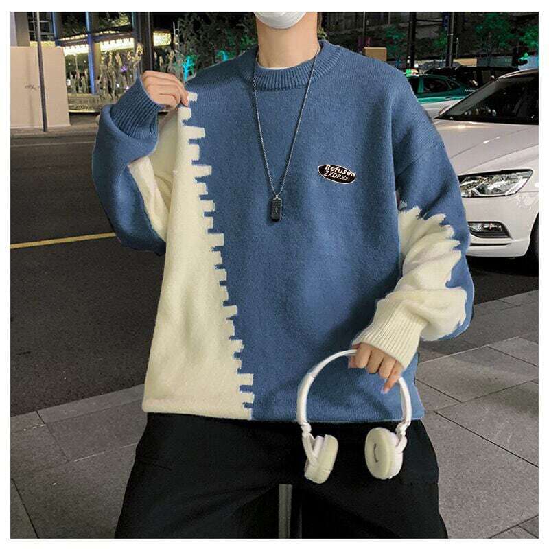 [Ruiweira Series] ★Sweater★ 3color knit tops Unisex Men's Color scheme Easy to match Black Gray Blue