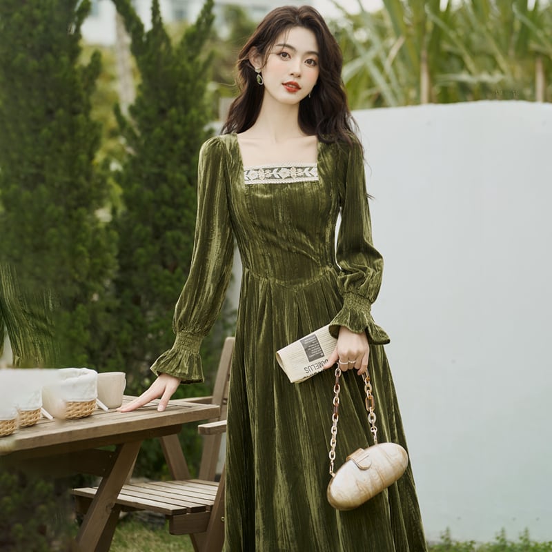 [Kasa Castle Series] ★One Piece★ Velvet Retro Green Green SML XL Party Wedding Date