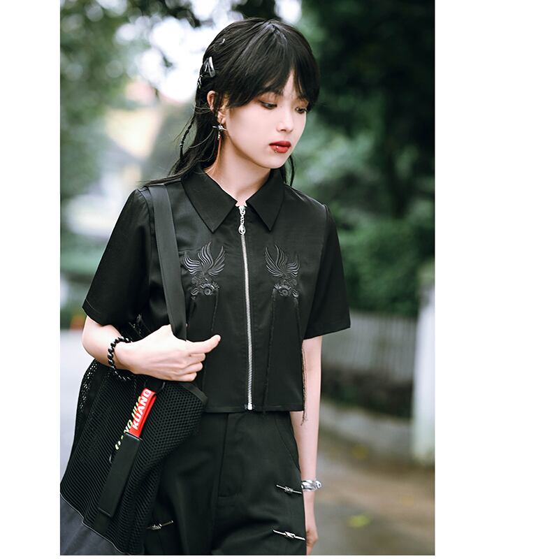 [Kokaisha --- Return Series] ★China style tops★ Shirt 2color short length black black embroidery short sleeve