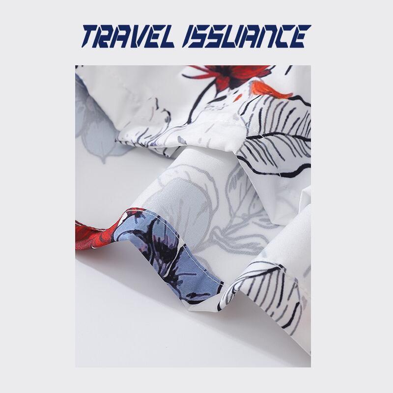 【TRAVEL ISSUANCEシリーズ】★花柄シャツ★ アロハシャツ 沖縄 ハワイ トップス 海辺 半袖シャツ 男女兼用 メンズ 白 青 赤