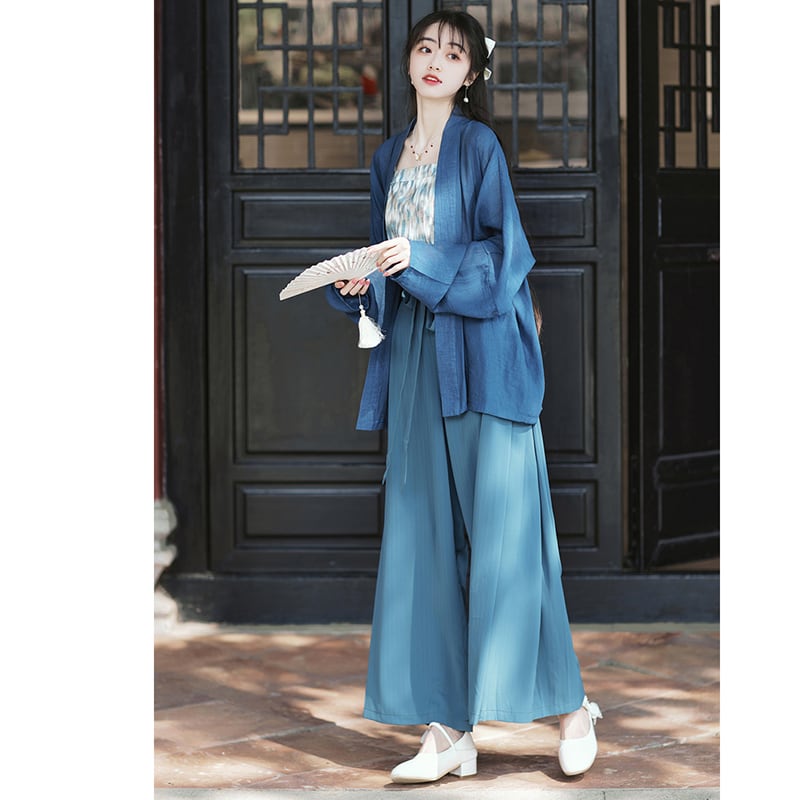 [MINZU Series]★Chinese style setup★ 3-piece set Camisole + Happi coat + Trousers Chinese clothes Blue Blue