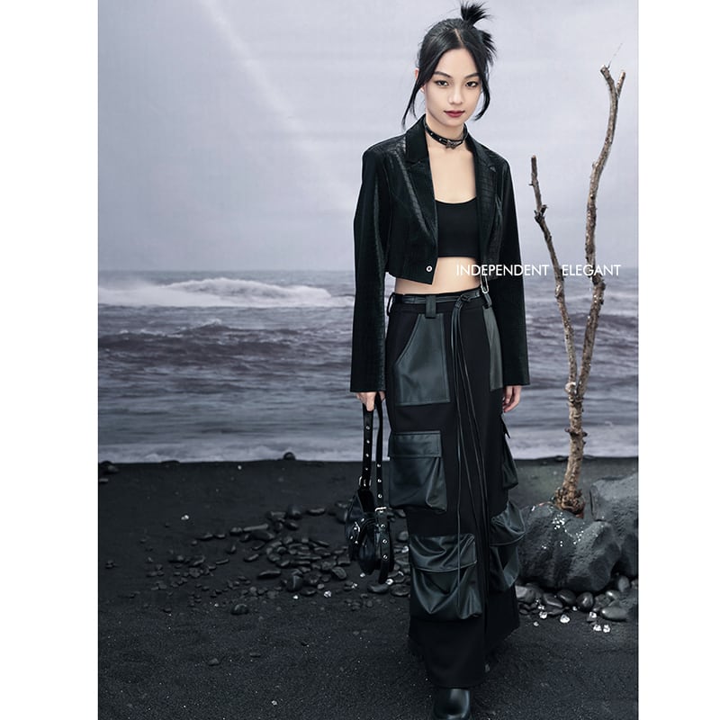 [Big Blue Dragon Series] ★China style outerwear★ Mini length PU long sleeve Easy to match Original Black Black