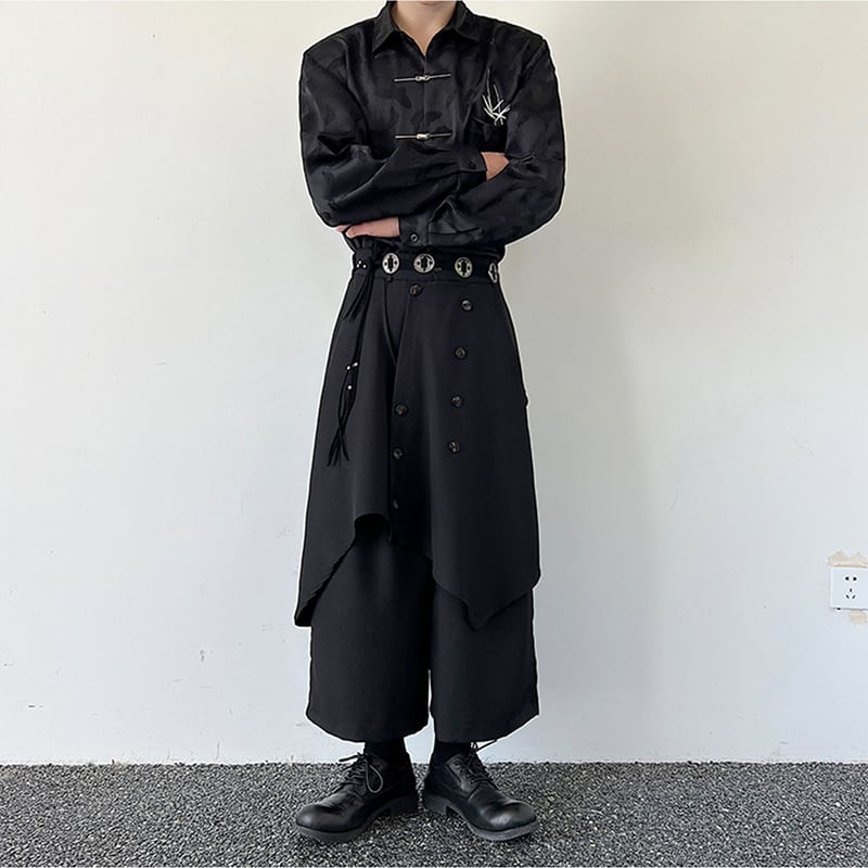 [Illustrated series] ★Pants★ Gaucho pants Unisex Men's Nine-quarter length Black Black Faux layered Culottes