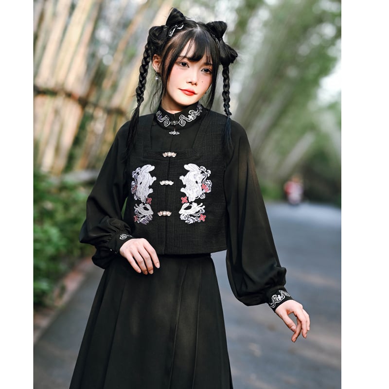 [Old Monster---Rabbit Series] ★China style tops★ Best Original Rabbit Embroidery Black Black Easy to match