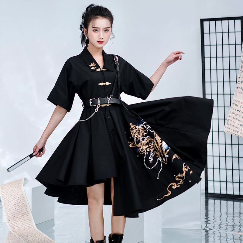 [Kyoto series]★China style dress★ Embroidery irregular unique design cool black black