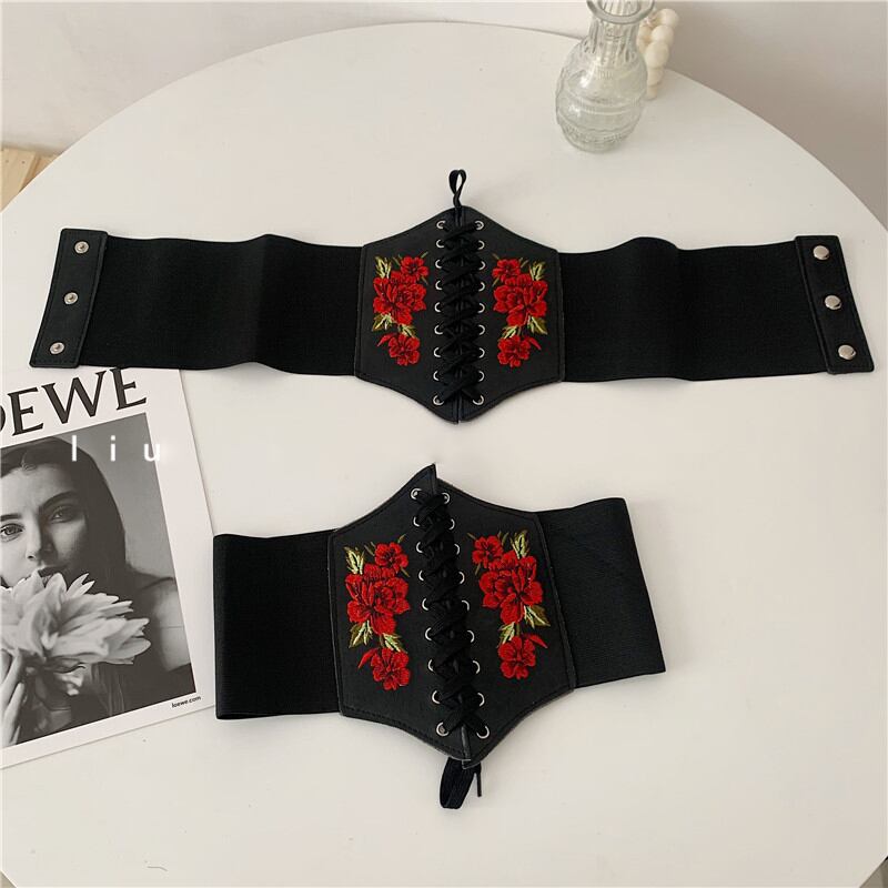 [Yuwei Series]★Belt★ Elastic Embroidered Rose Accessory Small Item Black Black Easy to match