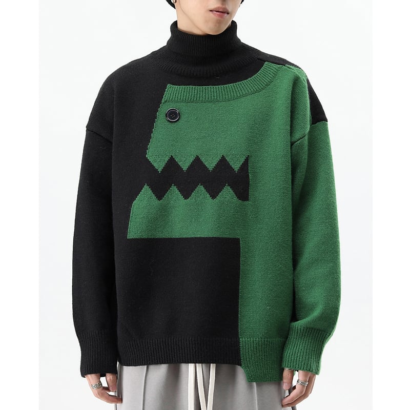 [CHAOJIEQU Series]★Sweater★ 3color Unisex Men's Dinosaur Animal Color Scheme High Neck Black Green Pink ML XL 2XL