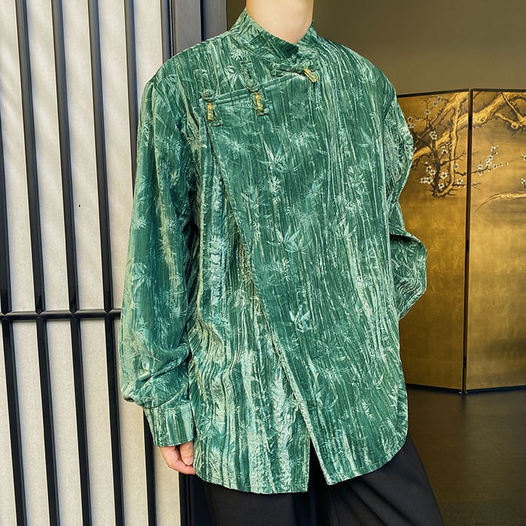 [Illustrated series] ★China style shirt★ 2color tops velvet unisex men's ML XL black green