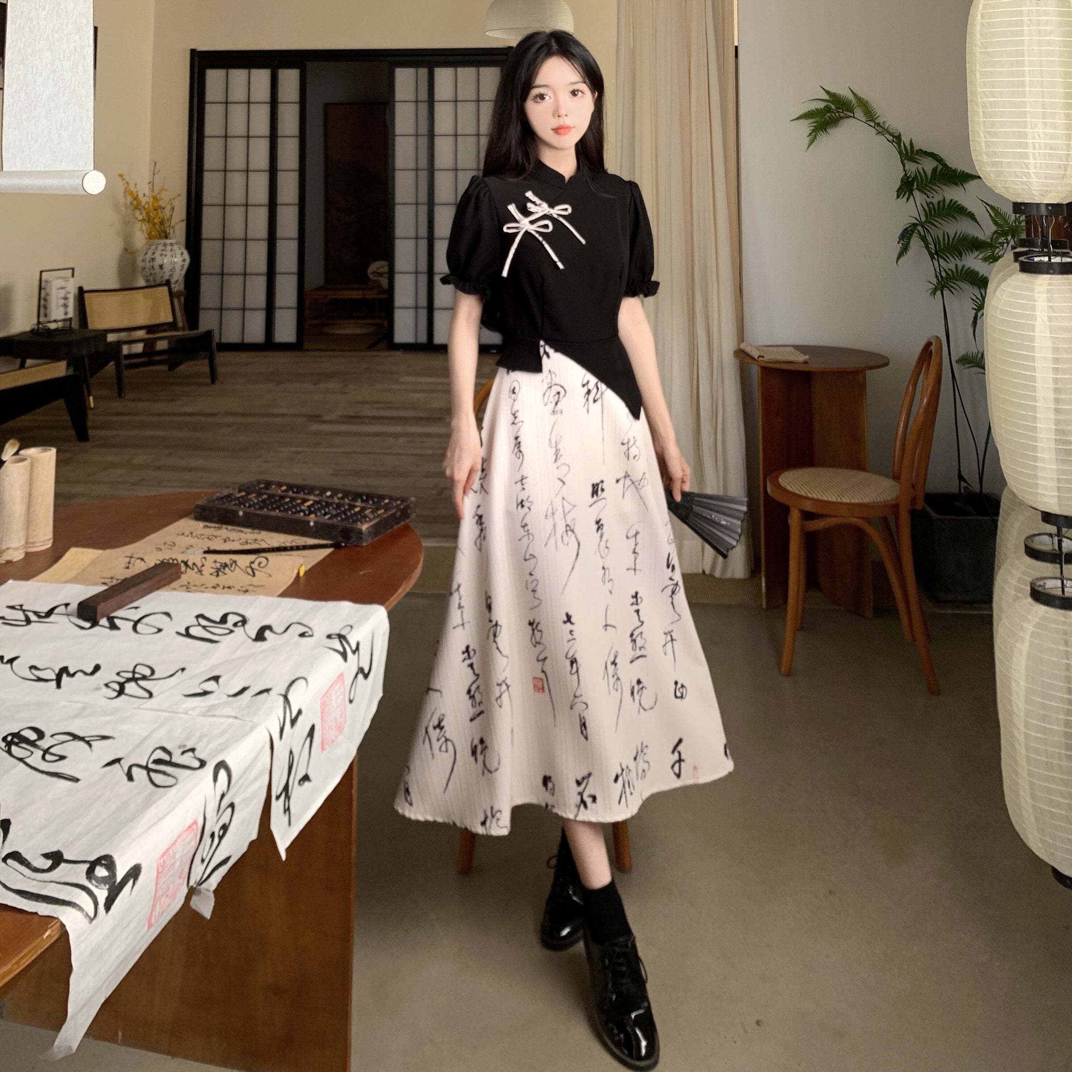 [DONGXIAOJIE series]★China style dress★ Letter pattern ribbon summer clothes fake layered large size slimming