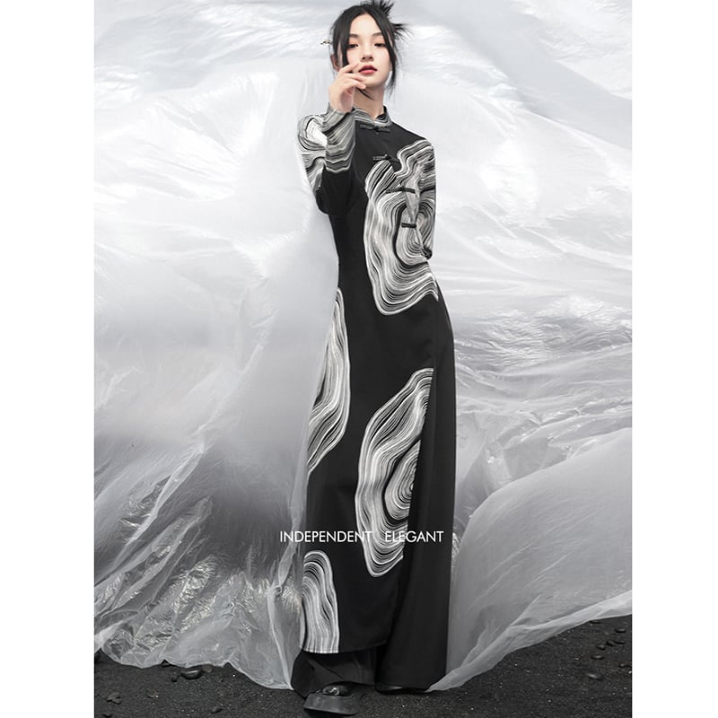 [Da Qinglong Shu Series] ★China-style dress★ Improved cheongsam dress, long sleeves, slits, print, long length, original, slimming