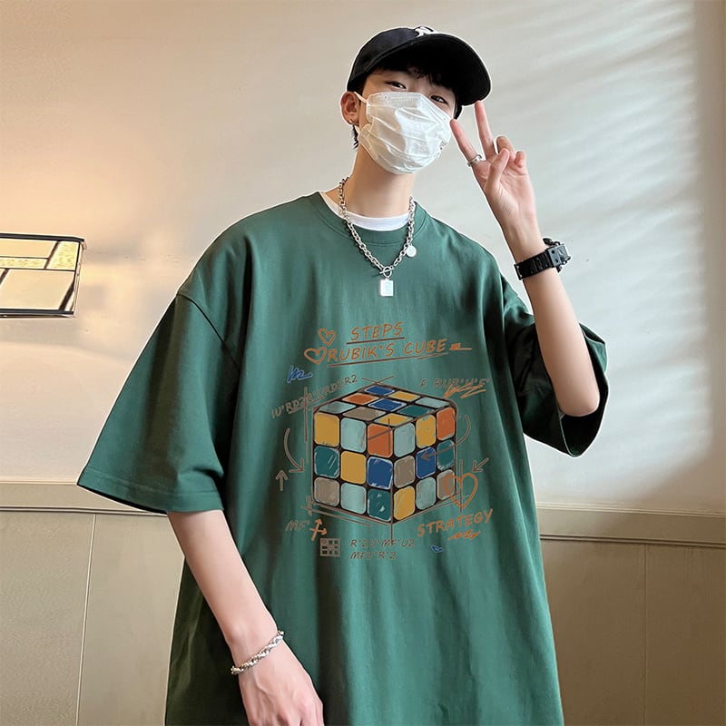 [V37 Series]★T-shirt★ Tops 7color Unisex Men's Large Size Rubik's Cube Pattern