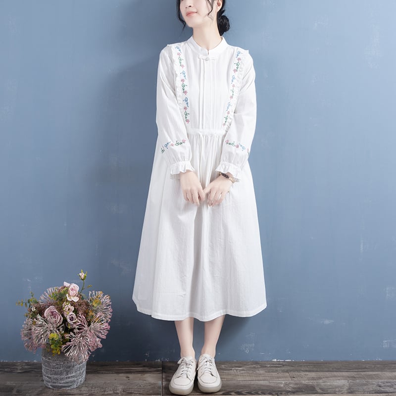 [Qing Series]★Chinese style dress★ 5color embroidery Improves temperament White Apricot Green Purple Orange