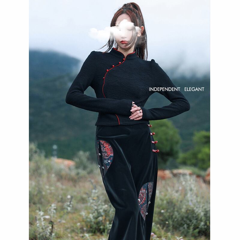 [Big Blue Dragon Series]★China style skirt★ PU skirt Chinese button ethnic style black black slimming wear