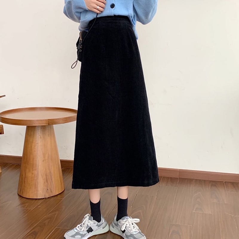 [Left Little Sister Arrival Series] ★Long length skirt★All 4 colors corduroy fabric Plain A-line Beautiful line High waist