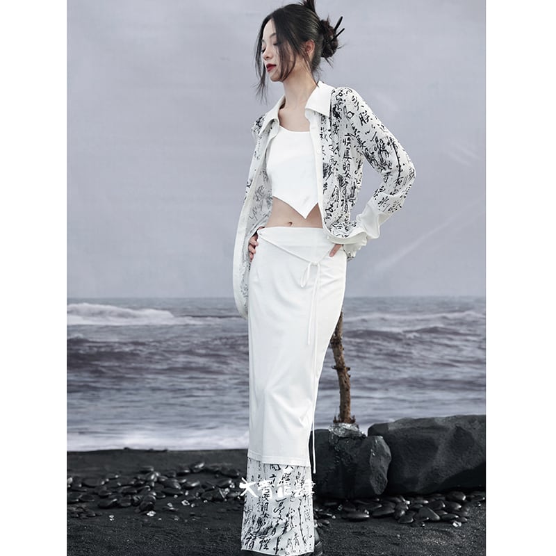 [Da Qinglong Shu Series] ★Chinese Style Shirt★ Tops Letter Pattern Long Sleeve Shirt Chinese Clothes Original White White