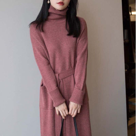 Autumn/winter knit dress, long length, simple, slimming, commuting, office lady, black, gray, pink, SML, XL