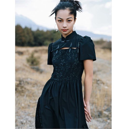 [Daiseiryusu Series] ★Chinese style dress★ Summer Chinese clothing Maxi length Long length Chinese button Black Black