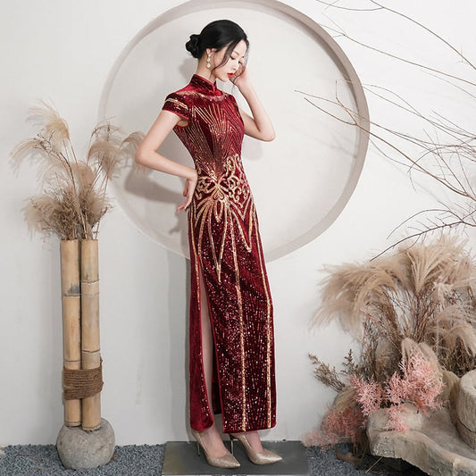 [Kusha Series]★China Dress★ Sequin Velvet Coming of Age Dress Red Long Dress Large Size