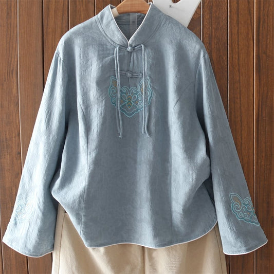 [Qing series]★China style tops★ 3color embroidery long sleeve shirt Improves temperament Blue Pink Purple