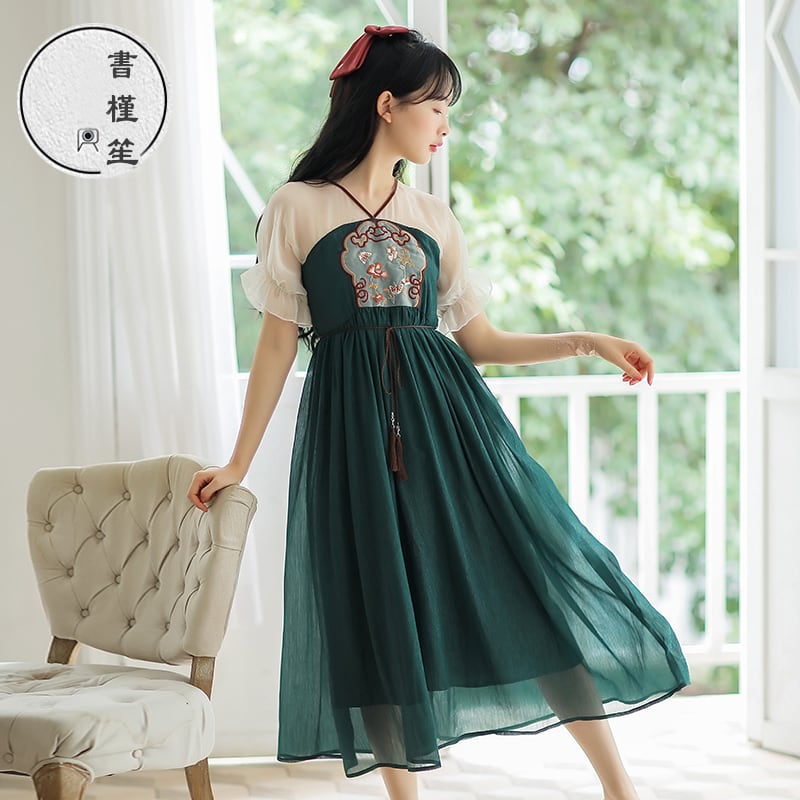 [Shogunsho series]★Hanfu dress★ Embroidery Casual wear Chiffon V-neck Green Green Coming-of-age ceremony SML XL Green Green