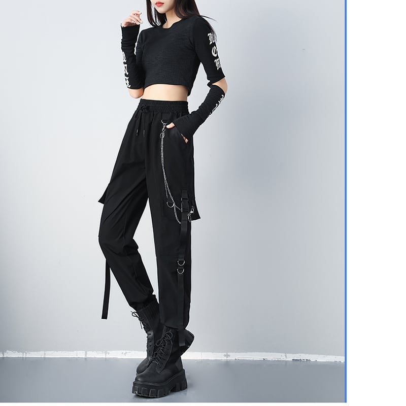 [AZE Series] ★Casual Pants★ Pants with Chains Bottoms Black Black Autumn Clothes Easy to Match and Slimming