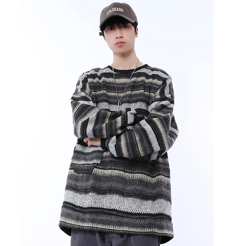 [MGJM Series]★Knit tops★ 2color horizontal striped striped pattern retro unisex men's women's Harajuku style easy to match