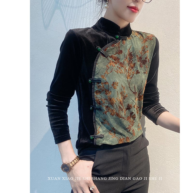 [XUAN series]★China style shirt★ 2color Chinese style tops velvet floral pattern switching large size