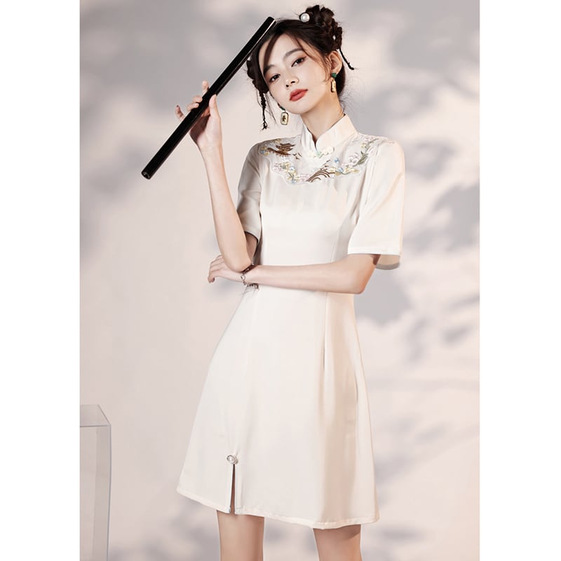 [YUEQIAO series] ★Cheongsam dress★ Short length embroidery Chinese style dress Chinese clothes White White